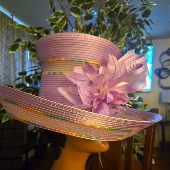 Lavender Wide-Brim Hat with Flower Accent
